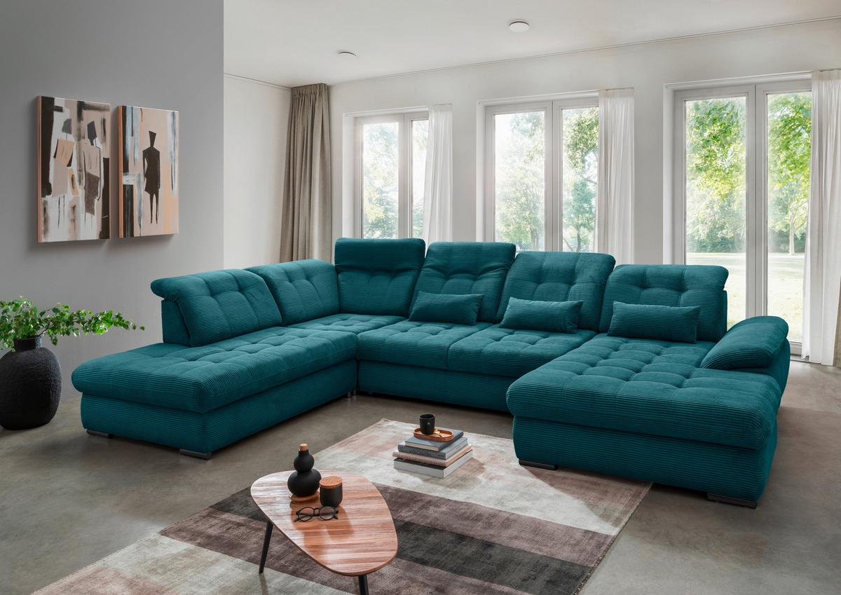 Wohnlandschaft mit Bettkasten Rigatti Petrol B: 387 cm - Petrol/Schwarz, MODERN, Textil (252/387/184cm) - Livetastic