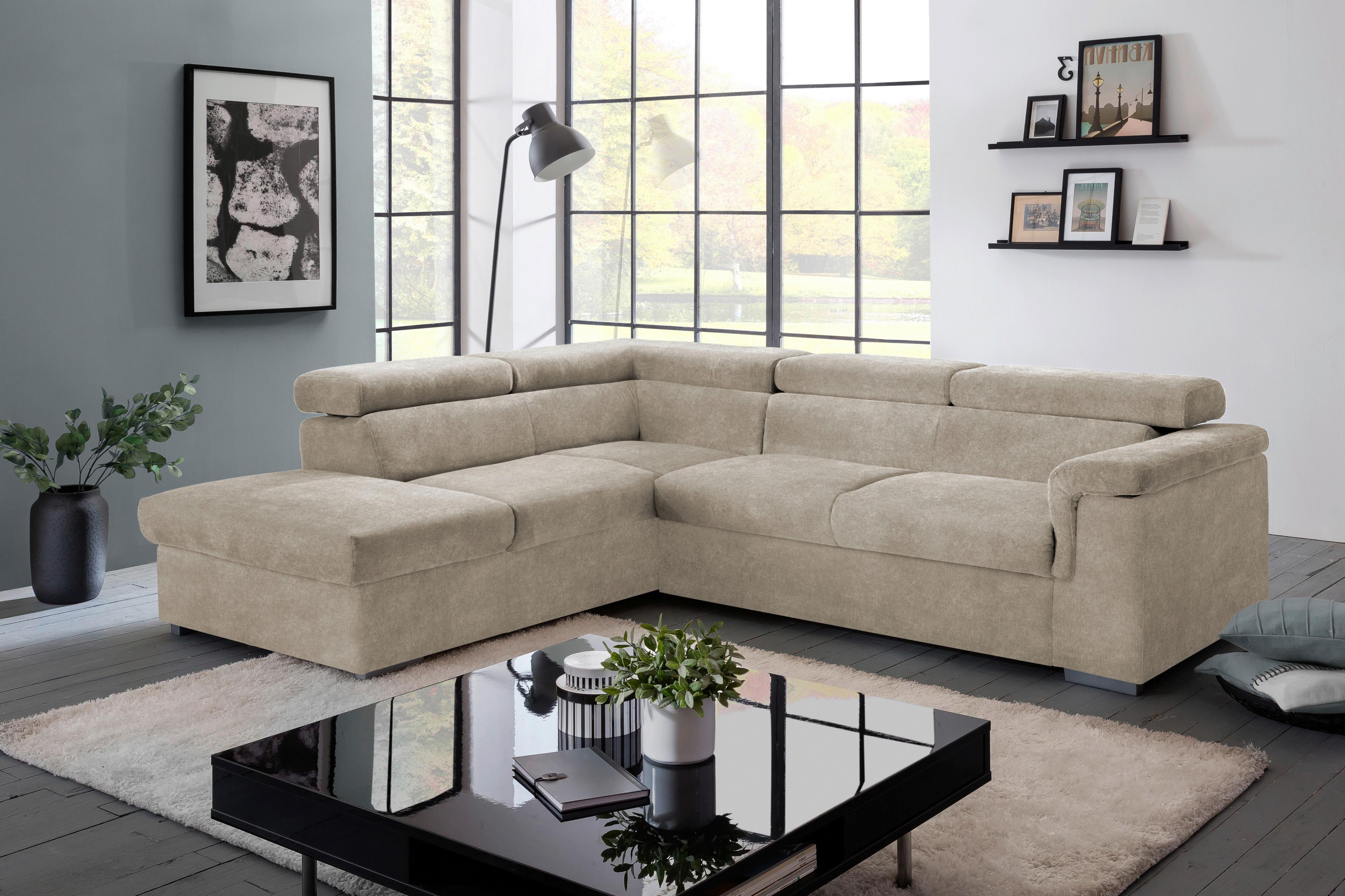 Ecksofa mit Schlaffunktion + Bettkasten Milla, Webstoff - Platinfarben, Basics, Holz/Textil (217/252cm) - MID.YOU