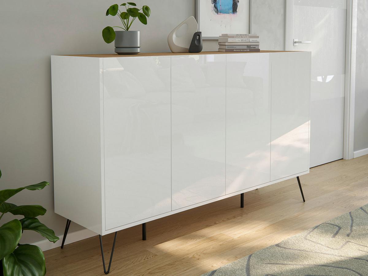 Sideboard Posseik Industrial Weiß/eichefarben B: 155 Cm - Weiß Hochglanz/Eichefarben, Design, Holzwerkstoff (155/93,6/42cm) - P & B