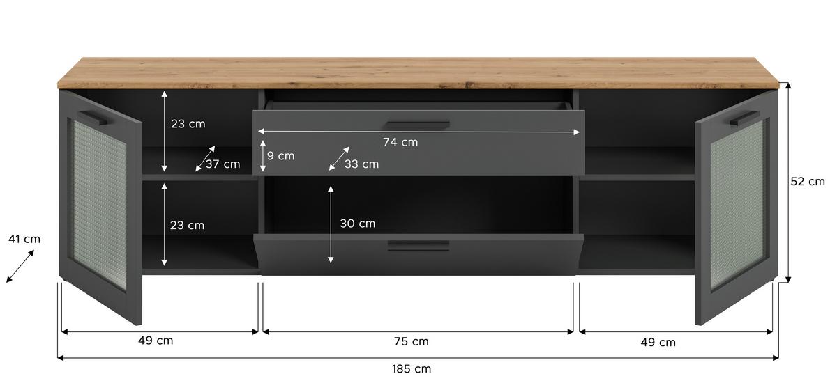 Lowboard Niklas Grau/eiche Dekor B: 185 Cm - Schwarz/Eiche Artisan, Design, Glas/Holzwerkstoff (185/52/40cm) - MID.YOU