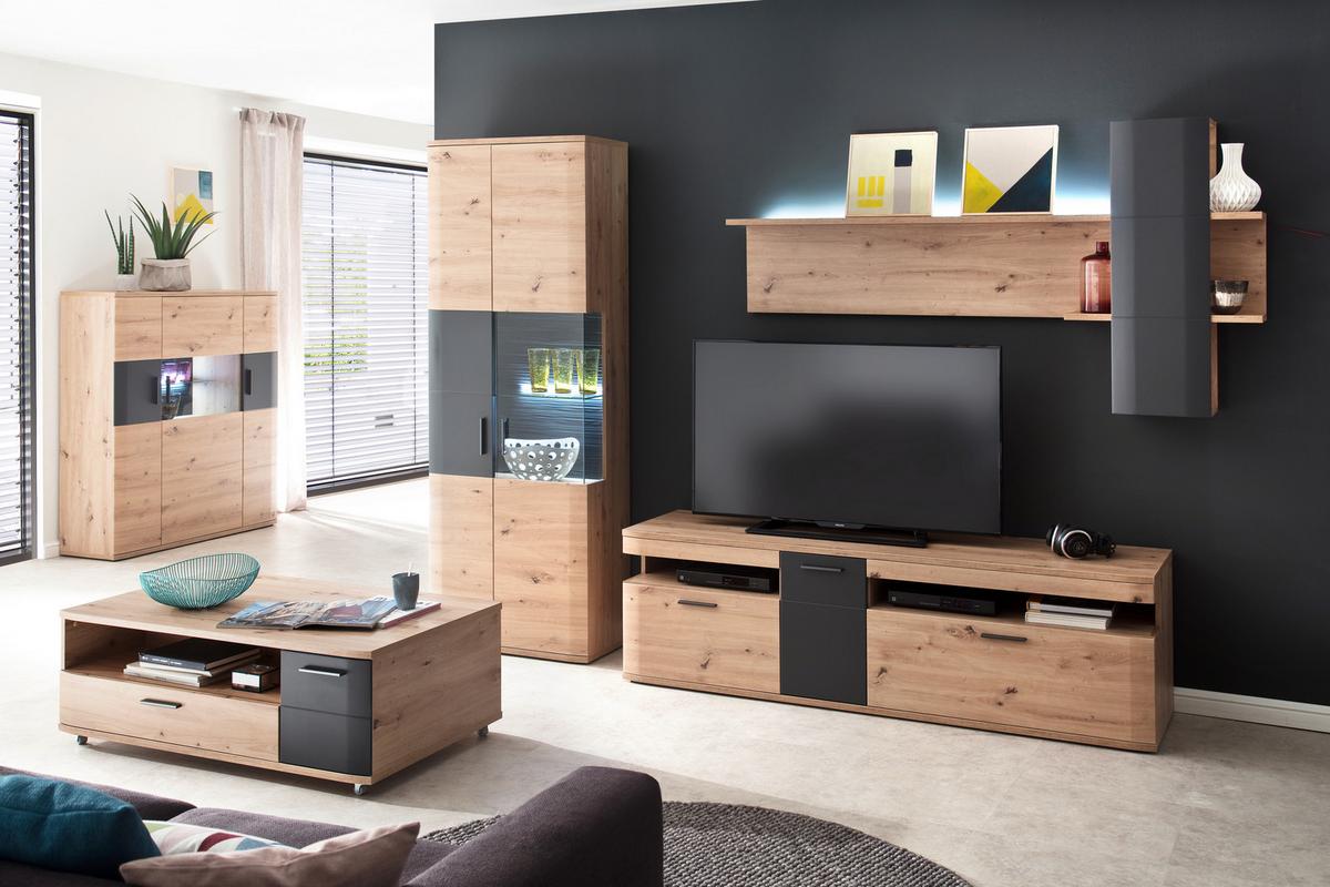 Wohnkombination 3-Tlg. Cortona Anthrazit/Eichefarben - Klar/Eichefarben, Design, Glas/Holzwerkstoff (290/198/50cm) - Livetastic