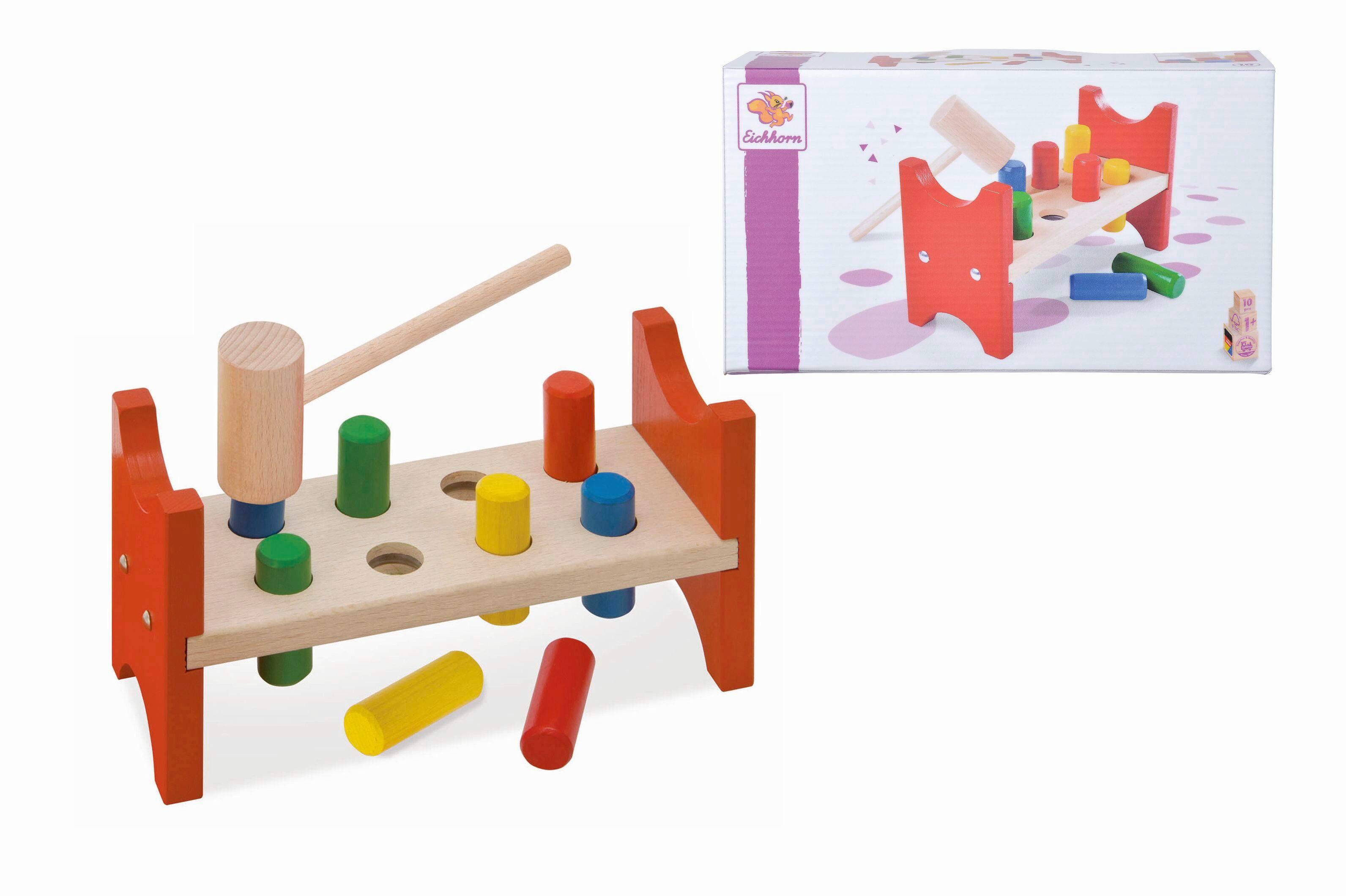 Klopfbank 10-Teilig. Hammer, 8x bunte Klopfstifte - Multicolor, MODERN, Holz (9/23,5/13,5cm)