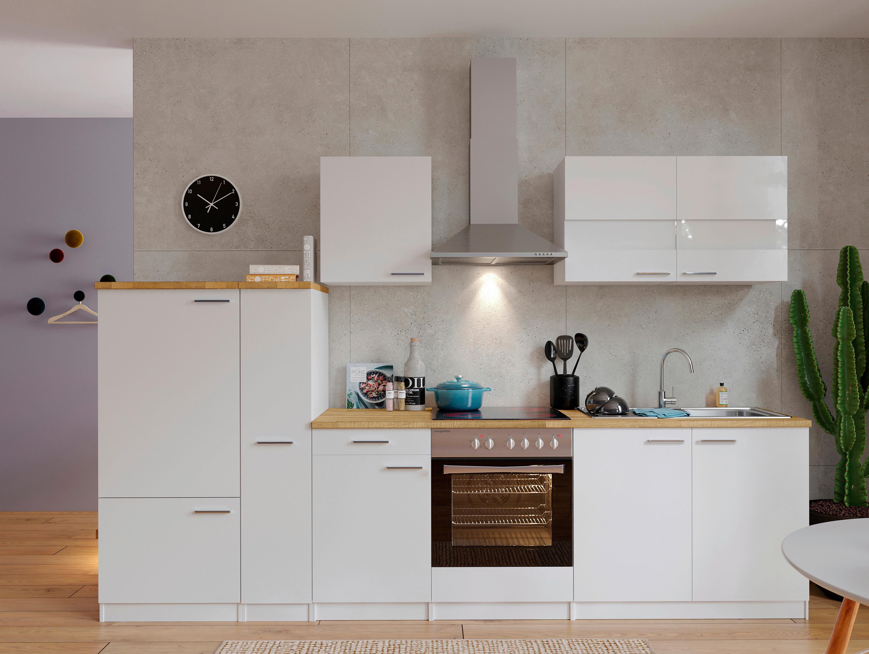 Küchenzeile Economy mit Geräten 300 cm Weiß/Nussbaum Dekor - Nussbaumfarben/Weiß, Basics, Holzwerkstoff (300cm) - Respekta