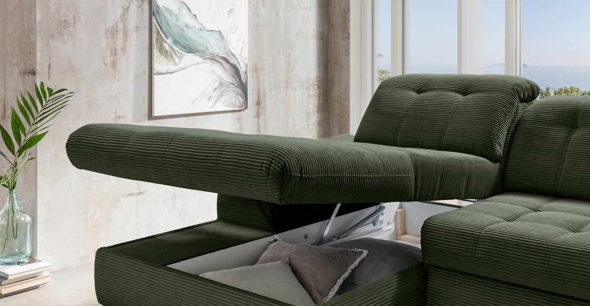 Eckschlafsofa Delphino Dunkelgrün S: 189x273 cm - Dunkelgrün/Schwarz, MODERN, Textil (189/273cm) - Livetastic