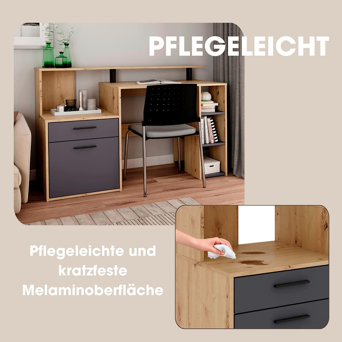 Schreibtisch Louis - Anthrazit/Eiche Artisan, MODERN, Holzwerkstoff (140/55/89cm) - MID.YOU
