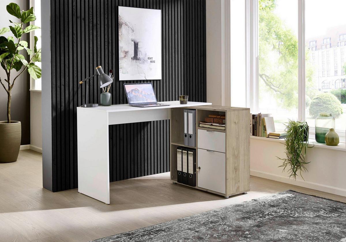 Schreibtischkombination Leni Weiß/Eiche Dekor L: 110cm - Eichefarben/Weiß, MODERN, Holzwerkstoff (110/85/74cm) - MID.YOU