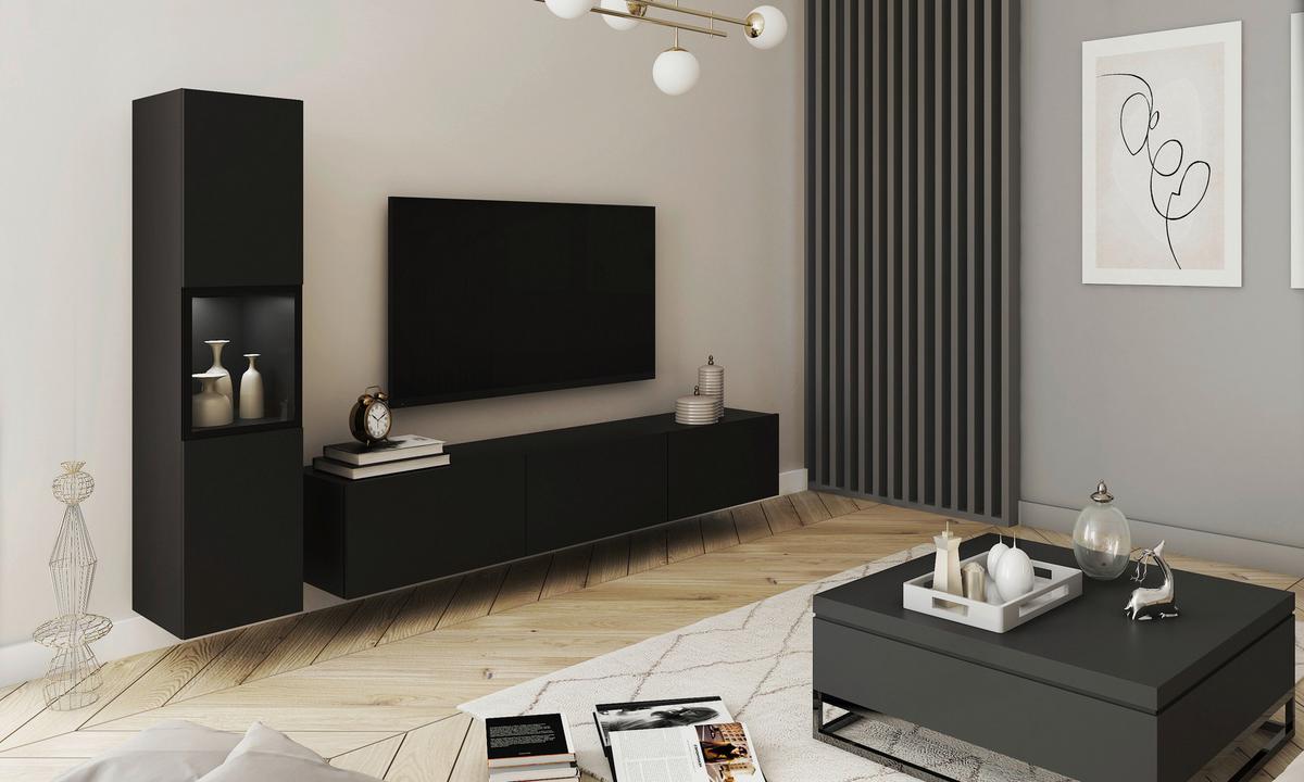 Wohnwand Berlin I Schwarz B: 210 cm - Schwarz/Grau, Design, Glas/Holzwerkstoff (210/130/32,5cm) - MID.YOU