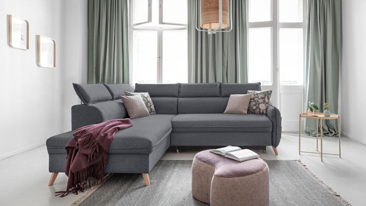 Rozkládací sedačka Simone, levé provedení - šedá/přírodní barvy, Moderní, dřevo/textil (253/82/95/208cm)