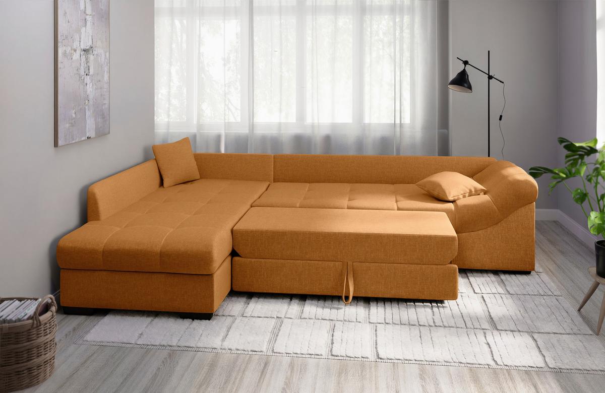 Eckschlafsofa Alvito Goldfarben S: 202x298cm - Goldfarben/Schwarz, MODERN, Textil (202/298cm) - MID.YOU