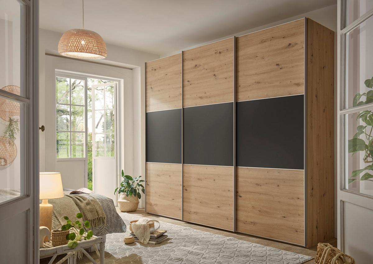 Geräumiger Schwebetürenschrank in Eiche und Vulkan Dekor