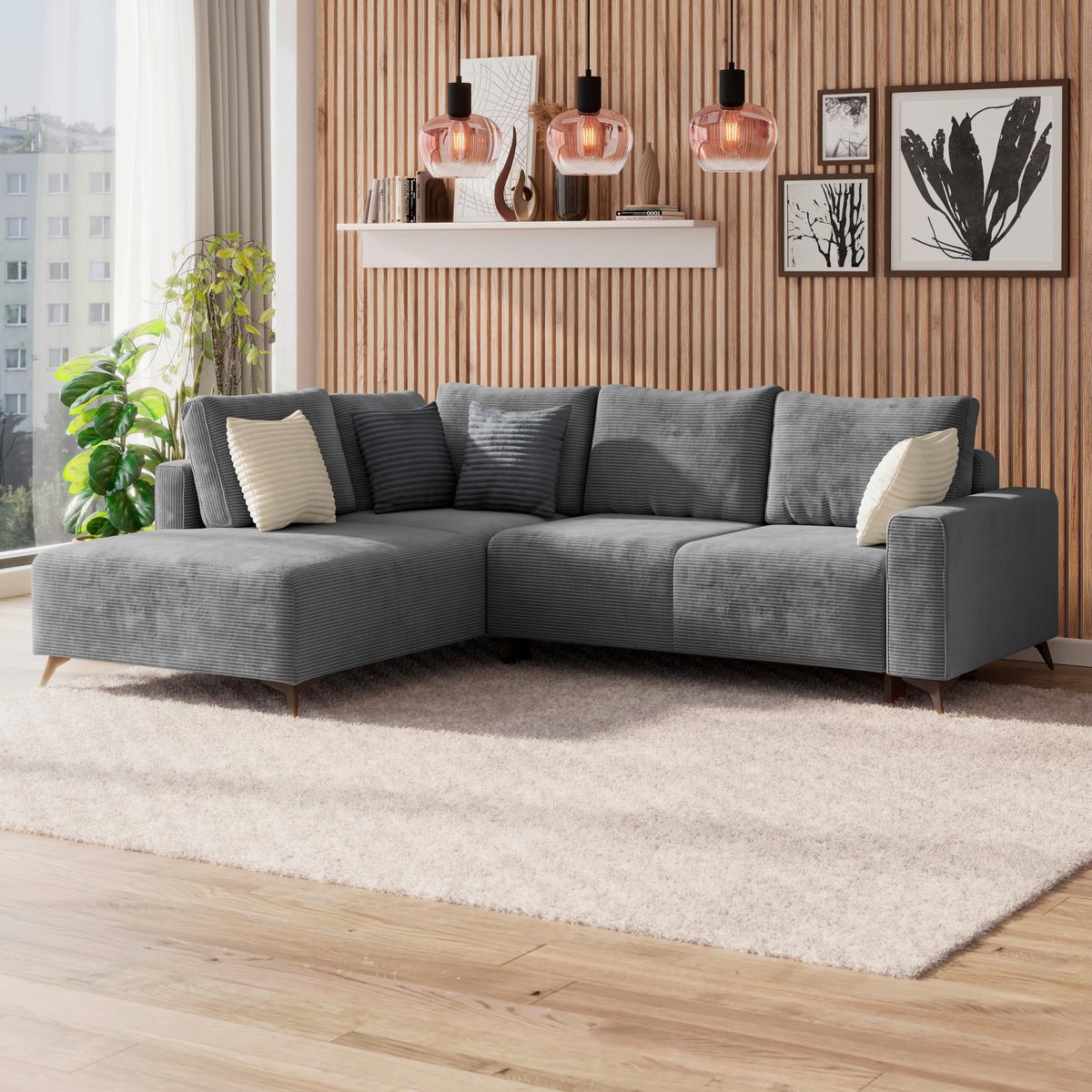Ecksofa mit Schlaffunktion Lincoln Grau Cord 212x270 cm - Schwarz/Grau, MODERN, Textil (212/270cm)