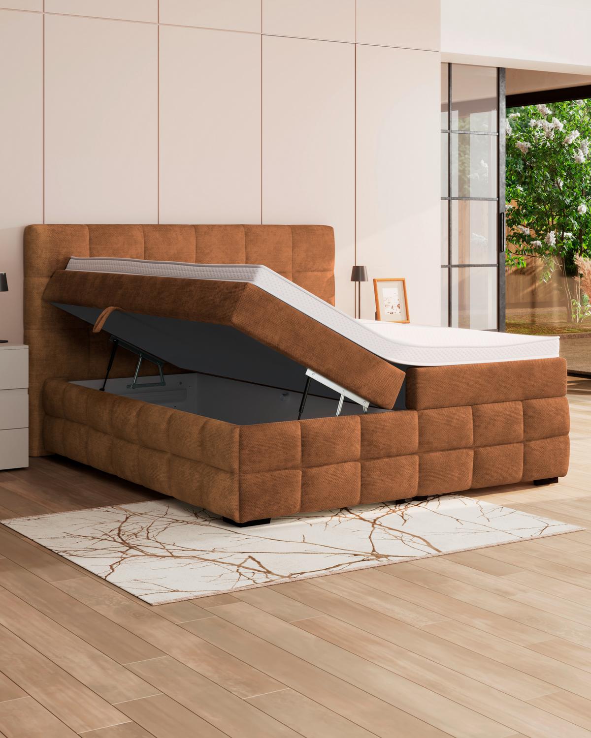 Čalúnená posteľ VEGA 180x200 cm, hrdzavá - čierna/hrdzavá, Trend, drevo/textil (180/200cm)