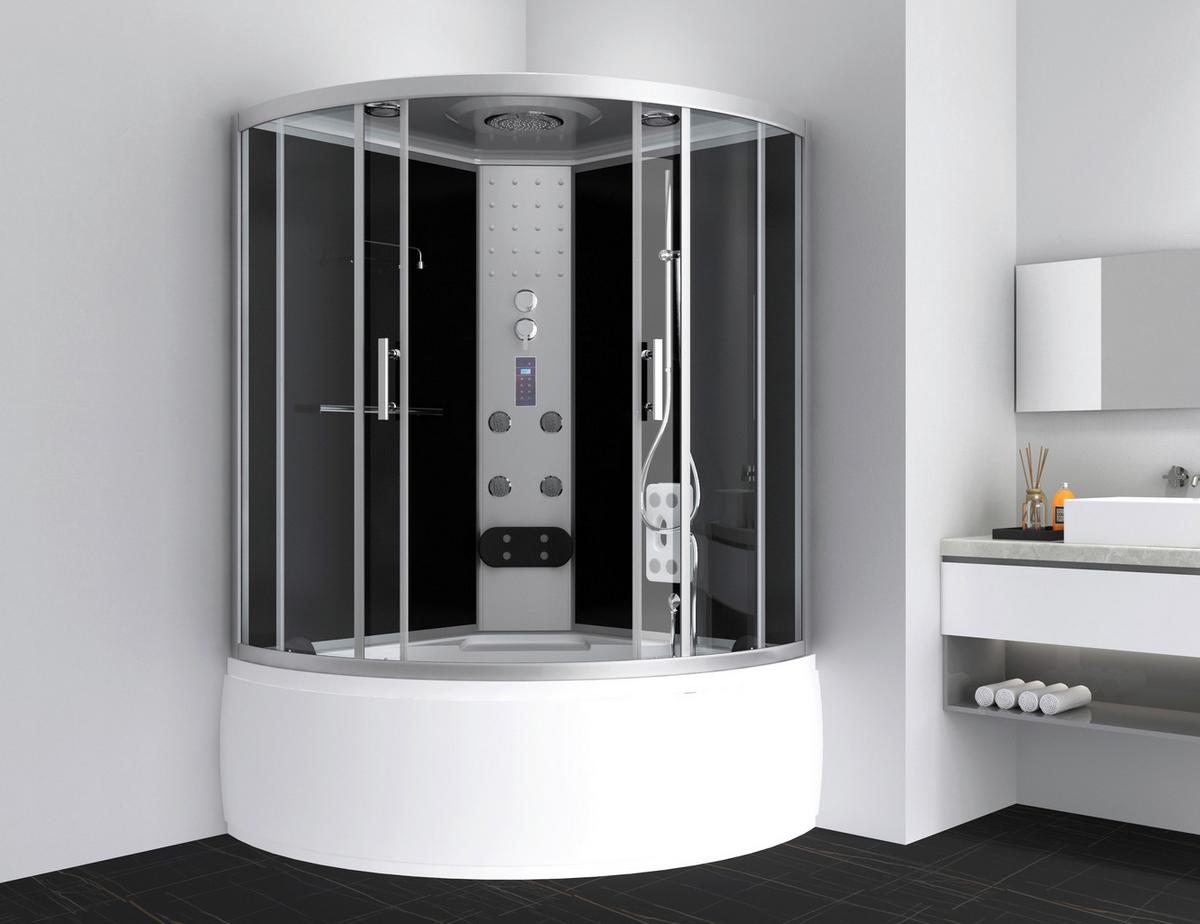 Dampfdusche Cuba Schwarz mit Radio, Ventilator, Ablage - Schwarz/Weiß, Basics, Glas (130/130/229cm) - Sanotechnik