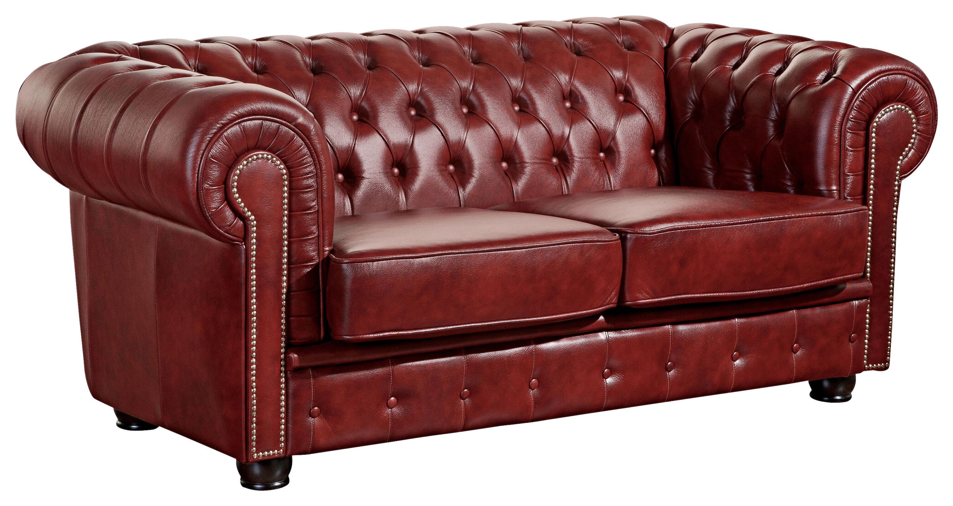 Chesterfield-sofa Norwin Rot 2-Sitzer, Echtleder - Rot/Nussbaumfarben, KONVENTIONELL, Leder (174/74/98cm) - Max Winzer