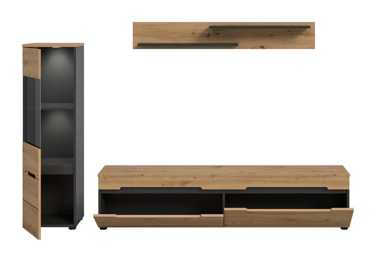 Wohnwand Canu Eiche Artisan Dekor B: 221cm - Schwarz/Eiche Artisan, Design, Holzwerkstoff (221/141/33cm) - Livetastic