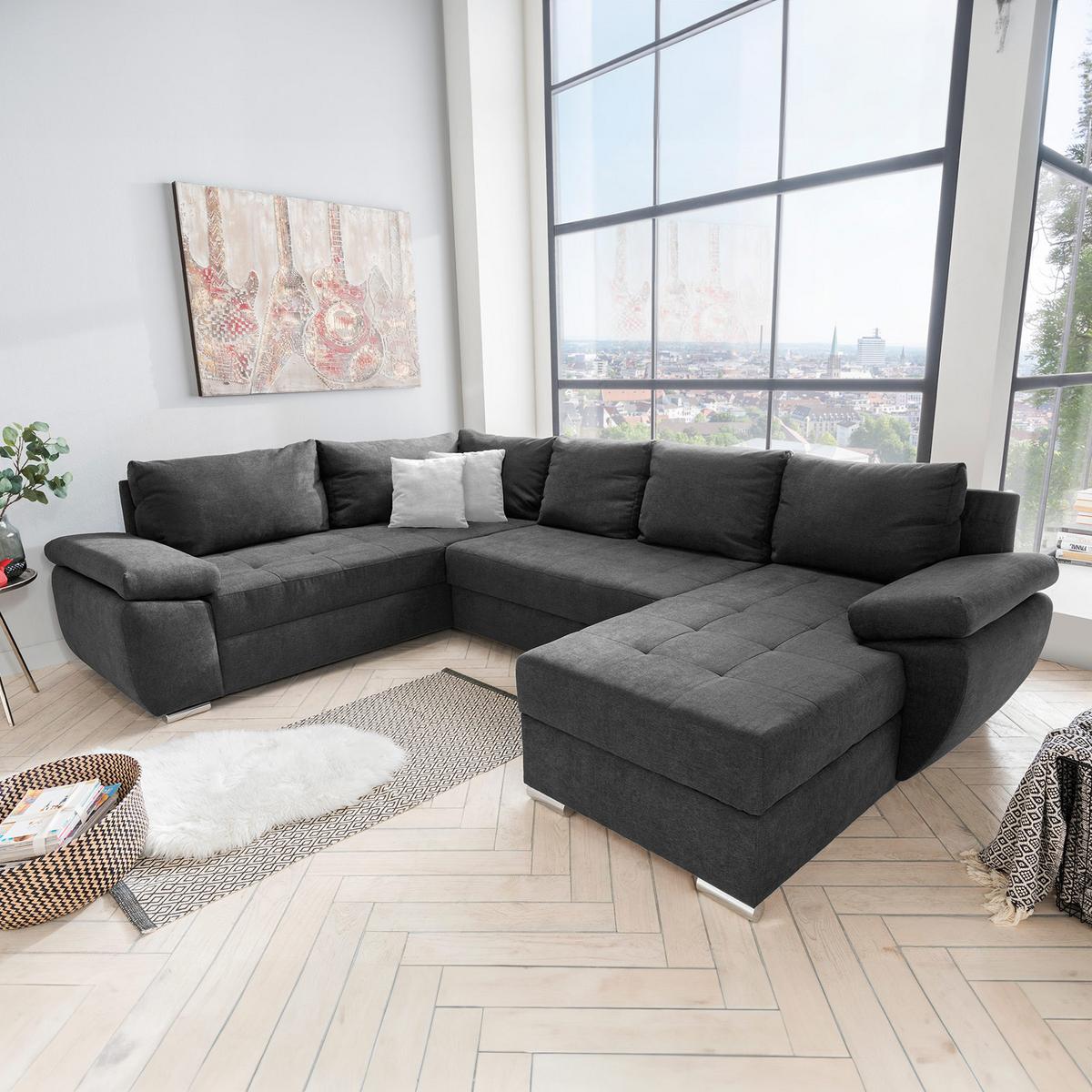 Wohnlandschaft Terana Mit Schlaffunktion, Anthrazit - Chromfarben/Anthrazit, KONVENTIONELL, Textil (219/305/157cm) - Livetastic