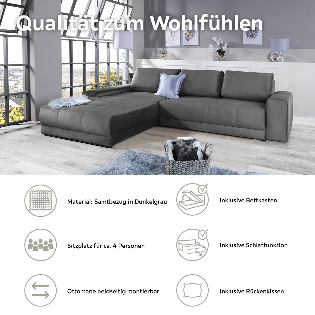 Ecksofa Mit Schlaffunktion + Bettkasten Adria Dunkelgrau - Dunkelgrau, MODERN, Textil (213/308cm) - Luca Bessoni