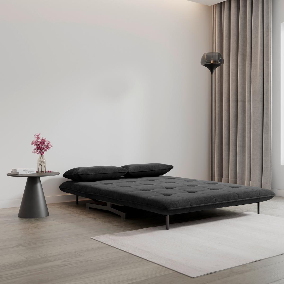 Rozkládací pohovka LUNA, tmavě šedé buklé, max.240 kg - černá/tmavě šedá, Moderní, kov/textil (142/62/40cm) - Bessagi Home