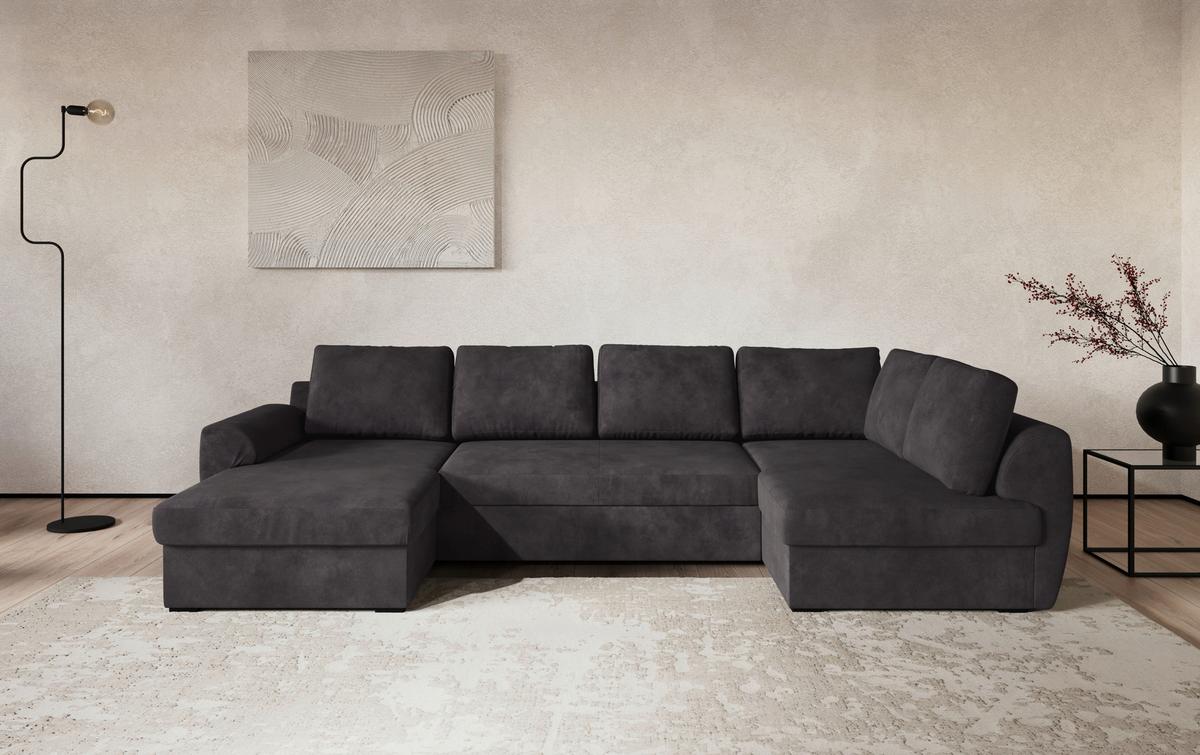 Wohnlandschaft m. Bettfunktion Mirkrofaser schwarz, B: 327cm - Schwarz, Trend, Textil (154/327/86cm) - MID.YOU