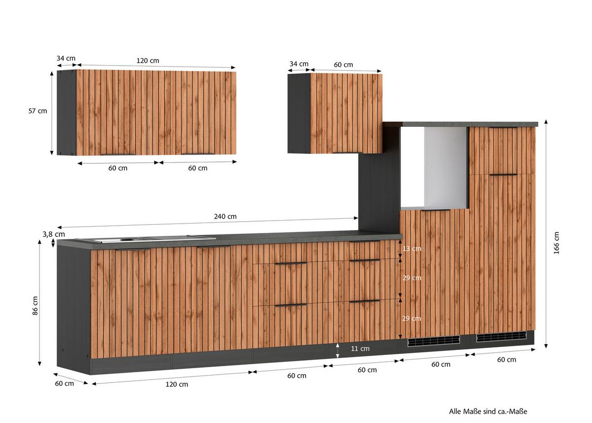 Küchenleerblock Liverpool Graphit/Eiche Dekor B: 360 cm - Schieferfarben/Eiche Wotan, Basics, Holzwerkstoff (360cm) - Held