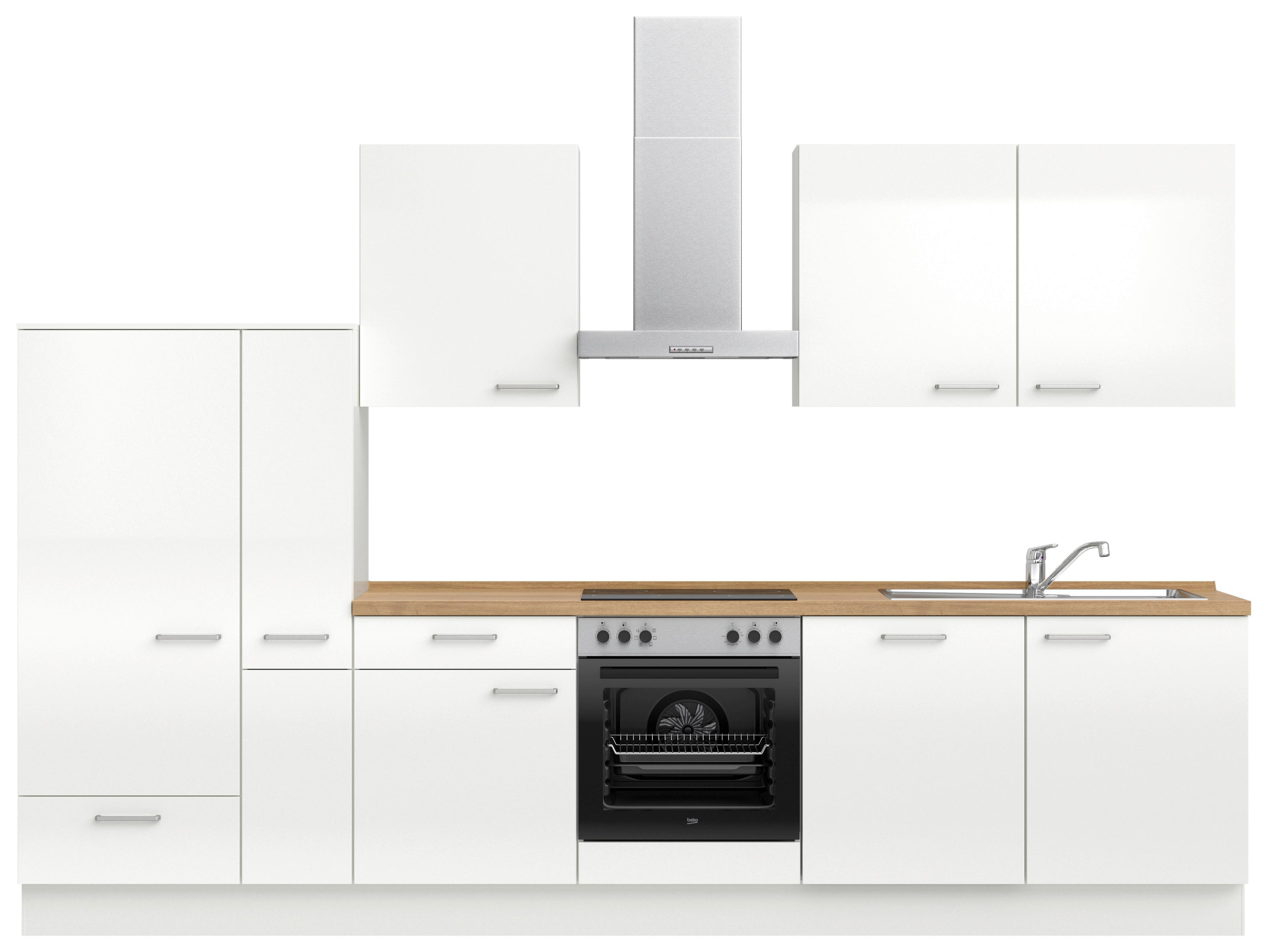 Kuchyňská linka 330 cm, alpská bílá vysoký lesk - bílá/barvy dubu, Moderní, kov/kompozitní dřevo (330cm) - Nobilia