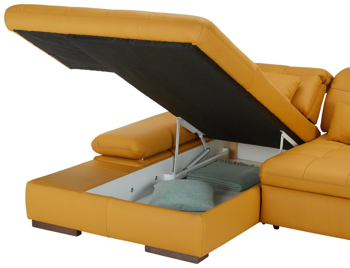Rohová sedačka SANFINO, ľavá, kari žltá pravá koža - chrómová/kari žltá, Konventionell, kov/koža (199/305cm) - Premium Living