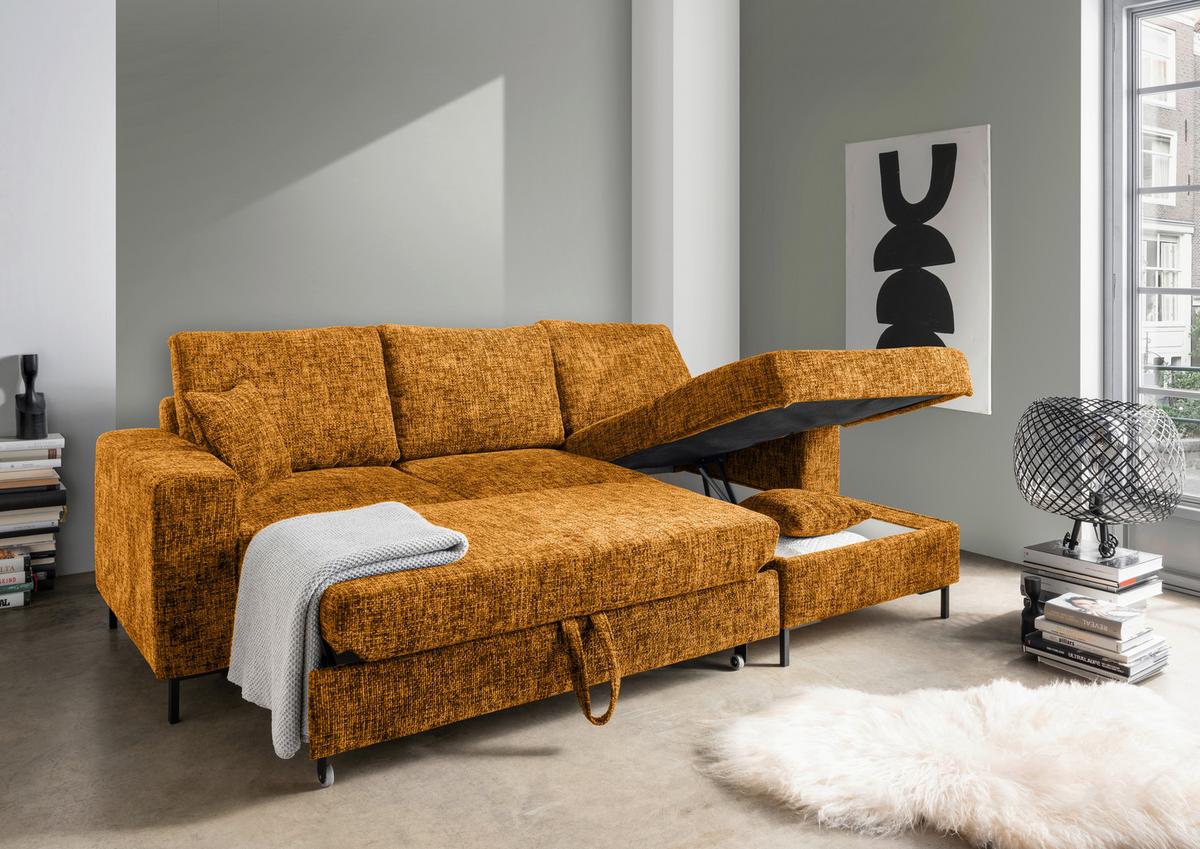 Eckschlafsofa Zona, Gold S: 237x143 Cm - Goldfarben/Schwarz, KONVENTIONELL, Textil (237/143cm) - Livetastic