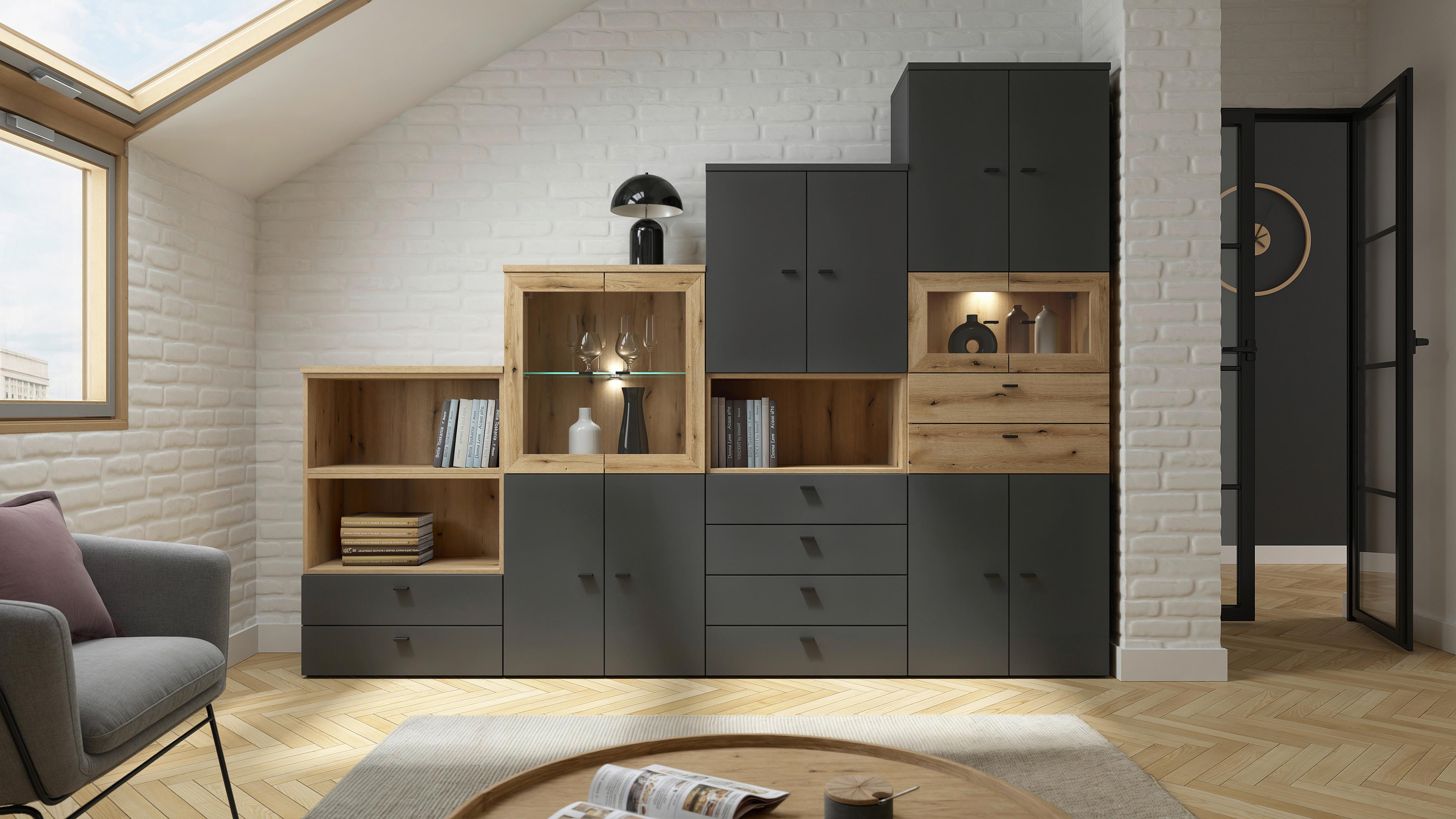 Stapelprogramm Sixty-Four - Eichefarben/Anthrazit, Trend, Holzwerkstoff (256/192/35cm)