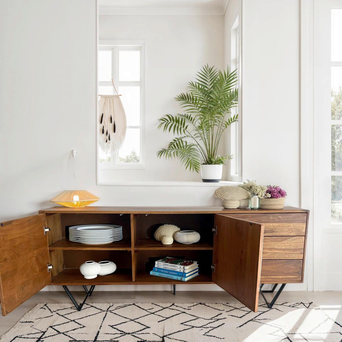 Sideboard Sheeshamfarben B: 175cm - Sheeshamfarben/Schwarz, Natur, Holz (175/71/40cm) - Livetastic