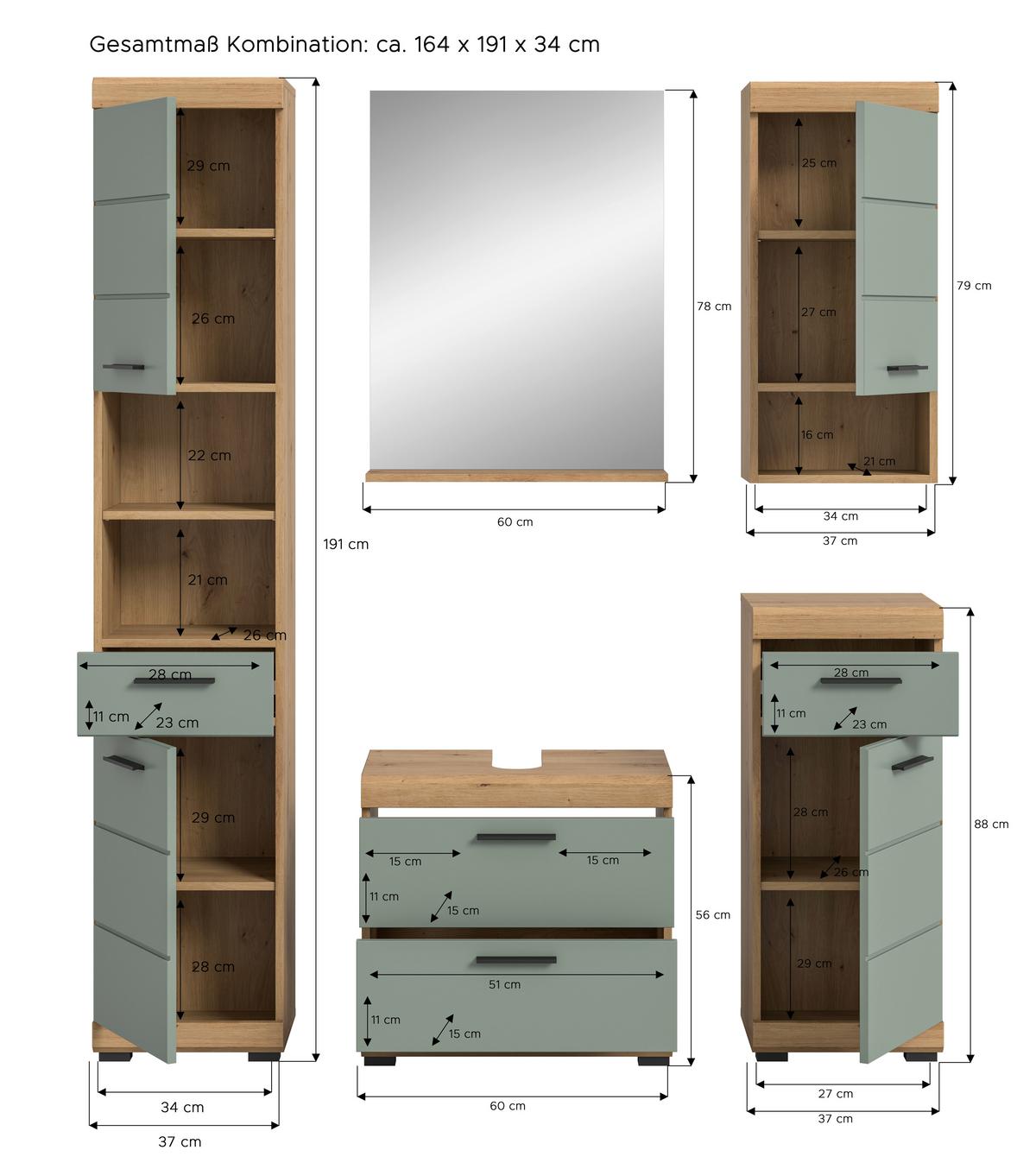 Badezimmer Scout Eiche Artisan Dekor Salbeigrün - Salbeigrün/Schwarz, MODERN, Glas/Holzwerkstoff (154cm) - MID.YOU