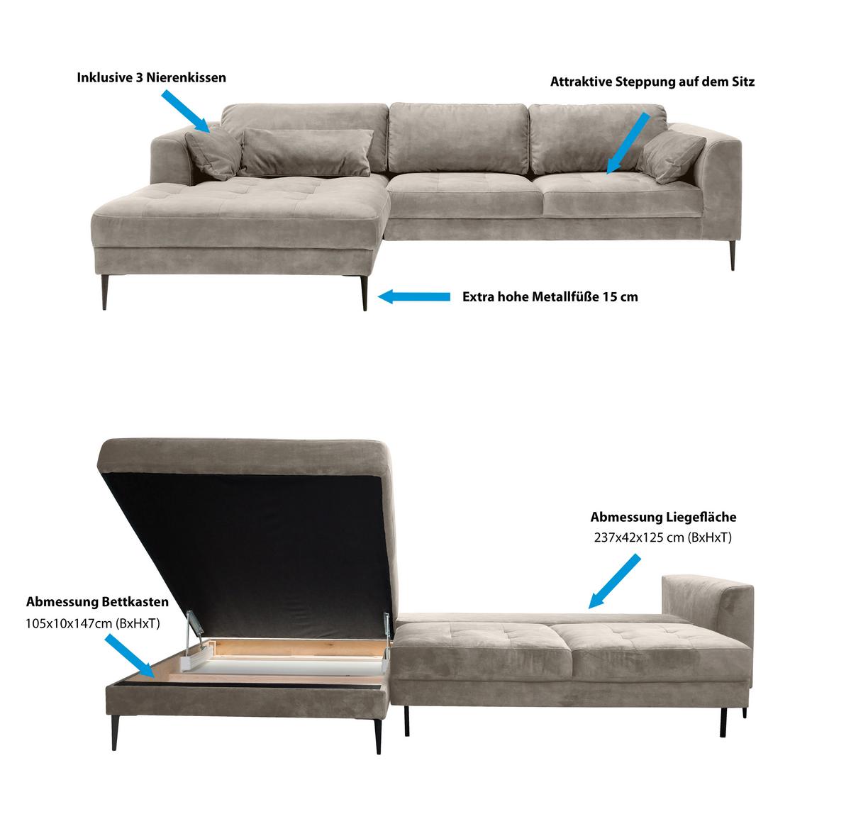 Eckschlafsofa Luzi - Blaugrau/Schwarz, MODERN, Textil (280/168cm) - Trendmanufaktur