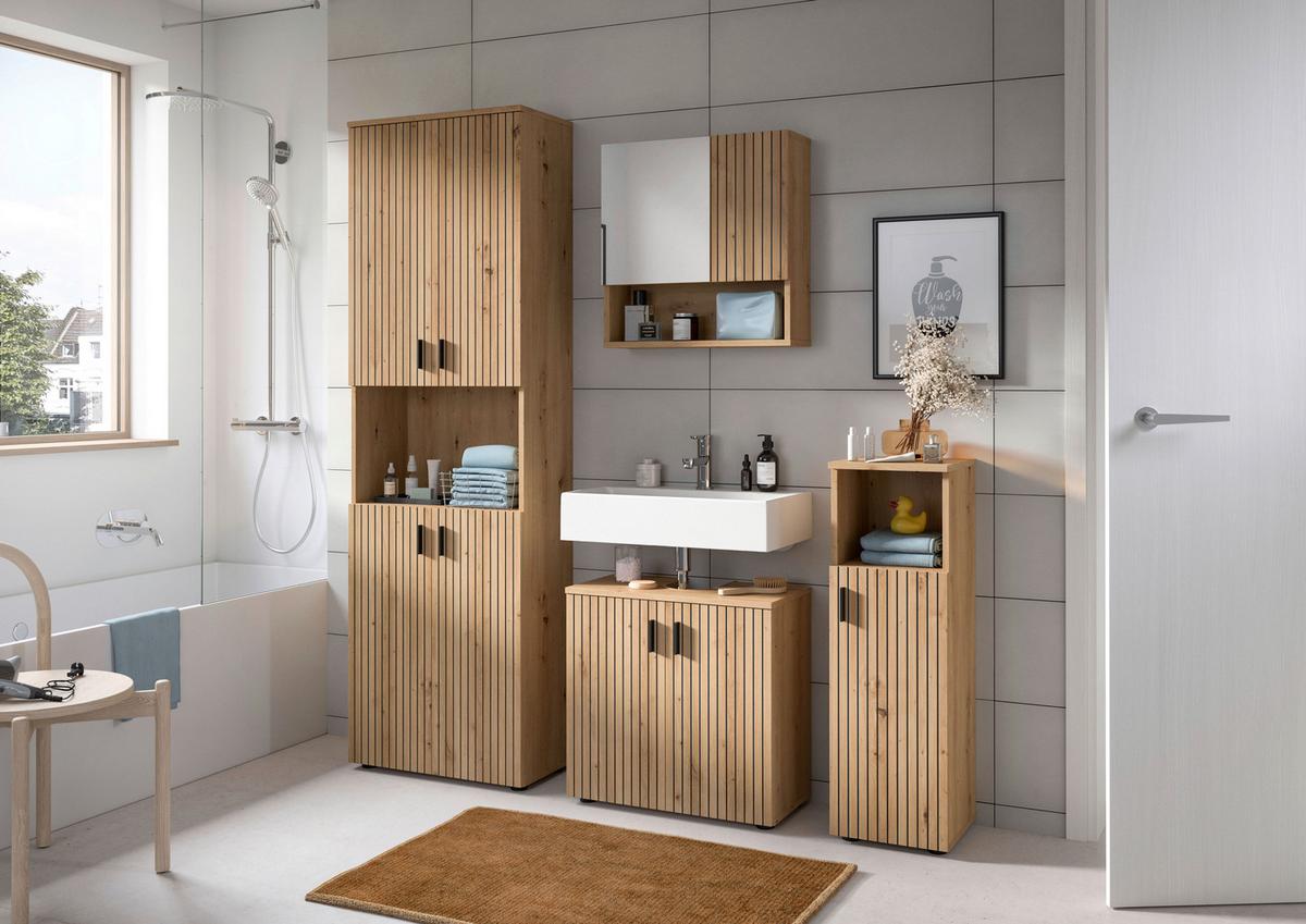 Waschbeckenunterschrank Mone Eiche Artisan B: 60cm - Schwarz/Eiche Artisan, Basics, Holzwerkstoff (60/59/30cm) - MID.YOU