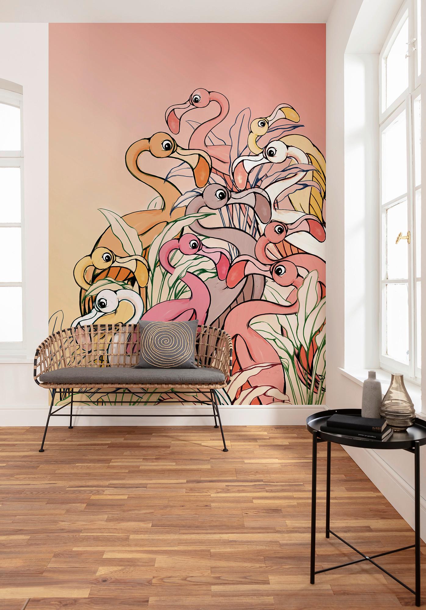 Fototapete Flamingos And Lillys - Gelb/Rosa, Trend, Textil (200/280cm)