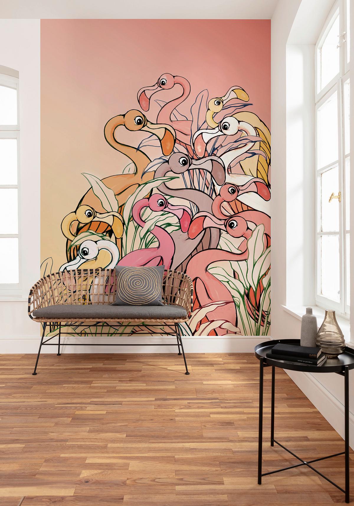 Fototapete Flamingos And Lillys - Gelb/Rosa, Trend, Textil (200/280cm)