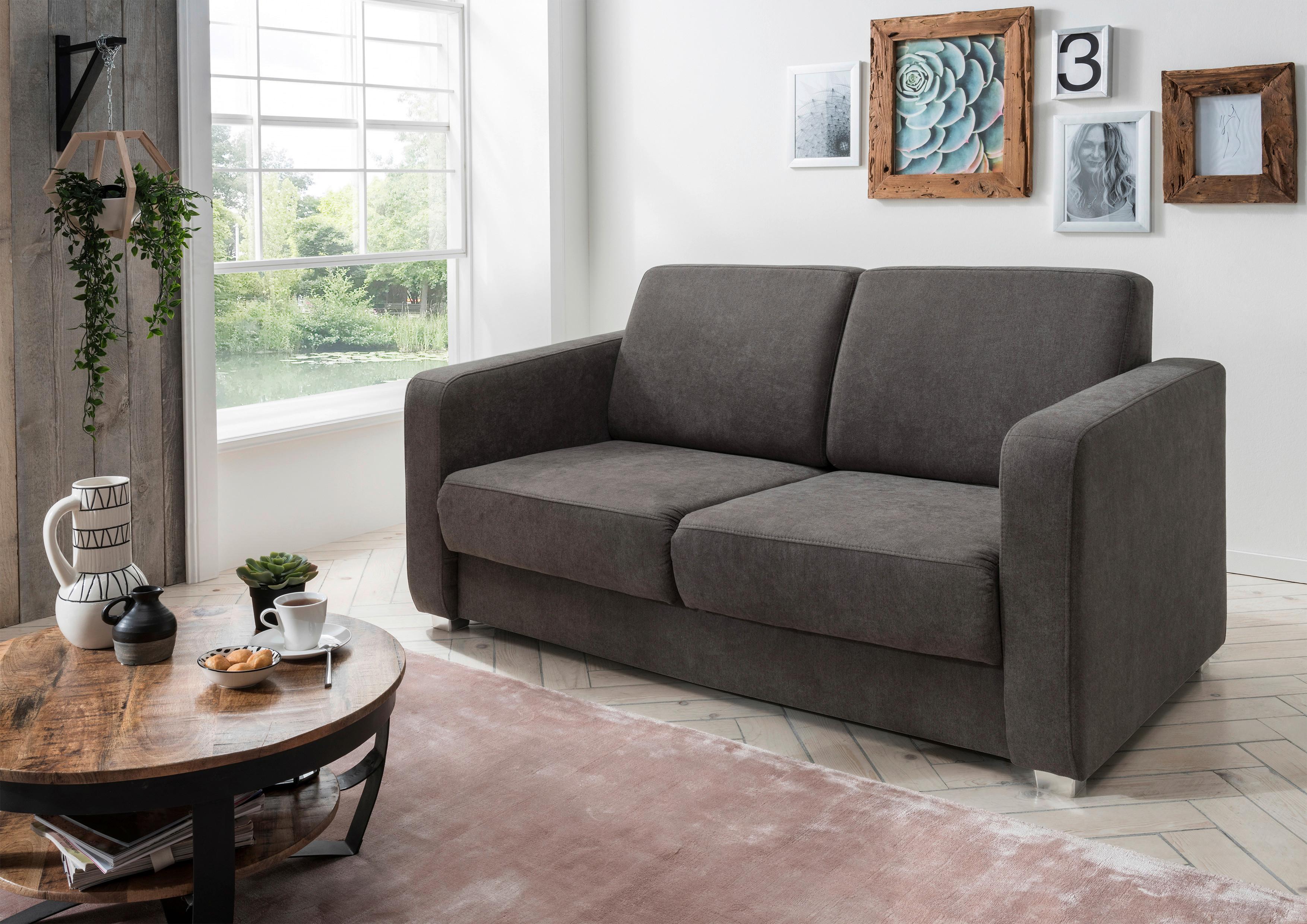 2-Sitzer-Sofa mit Schlaffunkt. Mia Dunkelbraun - Chromfarben/Dunkelbraun, Basics, Textil (159/88/87cm) - Livetastic
