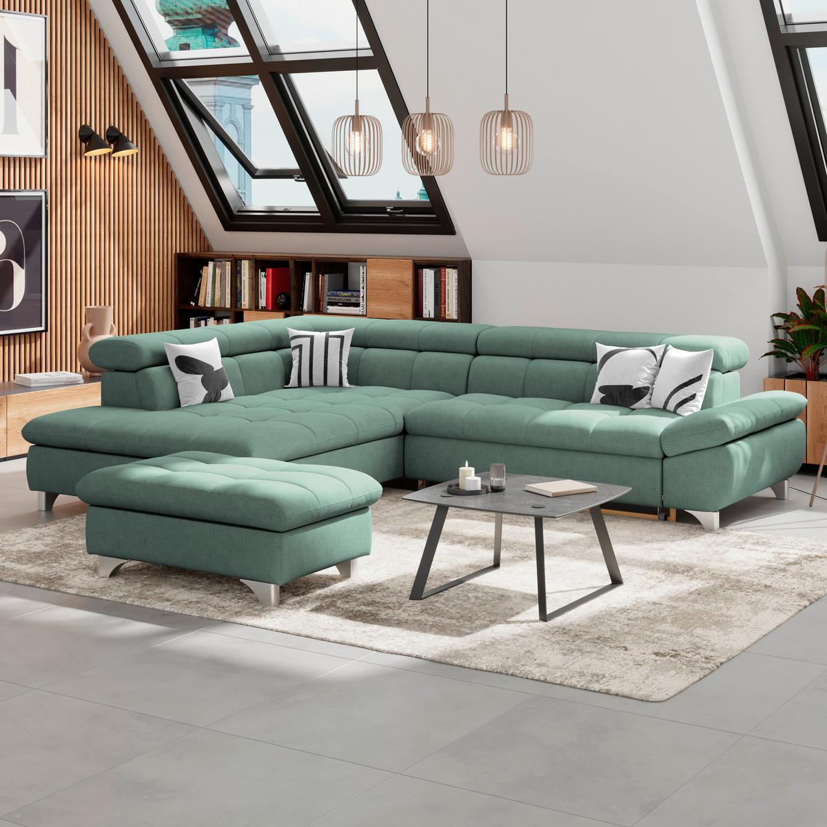 Ecksofa Gemini Grün, B: 234cm - Chromfarben/Dunkelgrün, KONVENTIONELL, Textil (234/312cm)