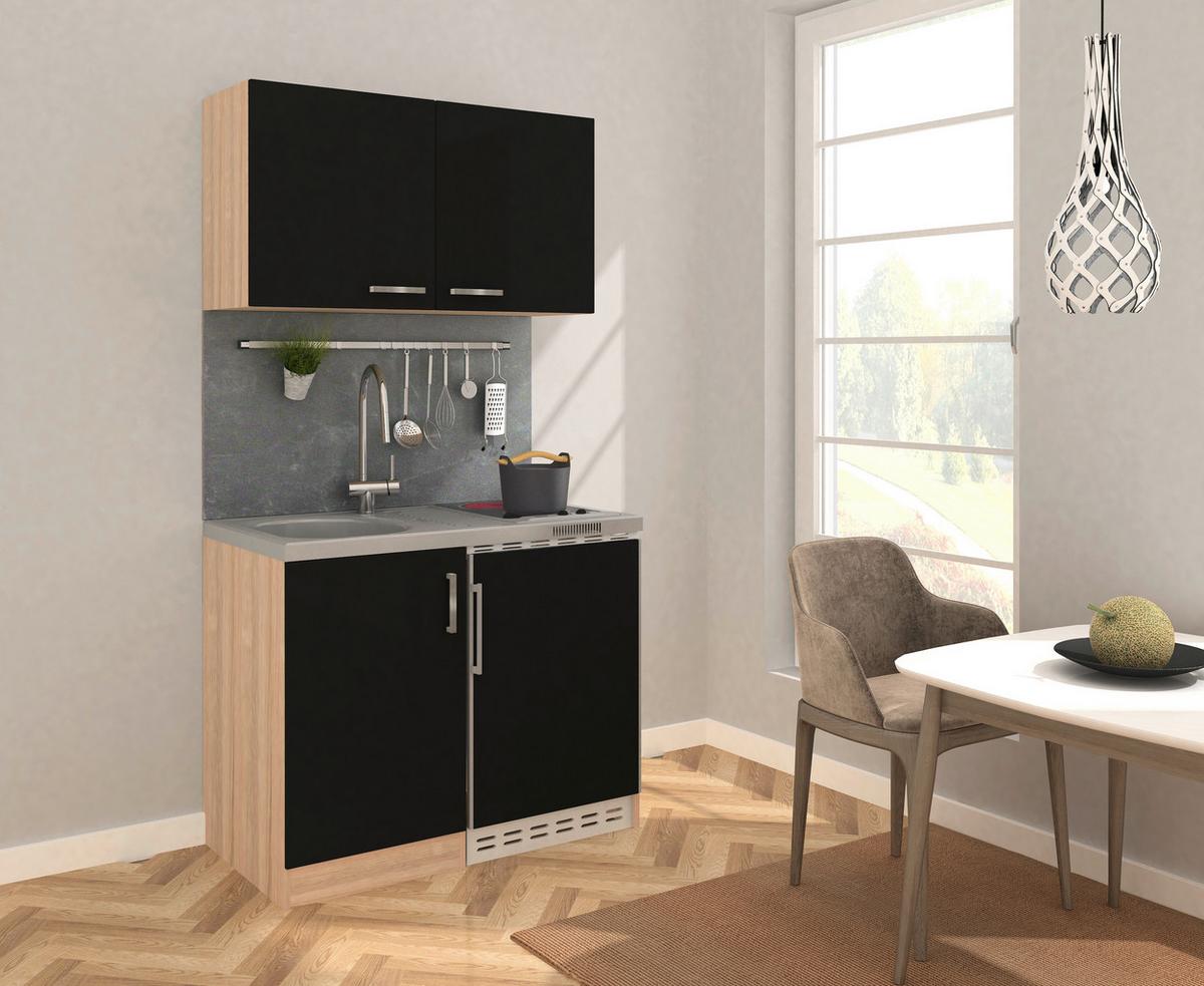 Miniküche M. Kühlschrank + Kochfeld 100 Cm Schwarz/eiche - Edelstahlfarben/Schwarz, MODERN, Holzwerkstoff/Metall (100cm) - Respekta