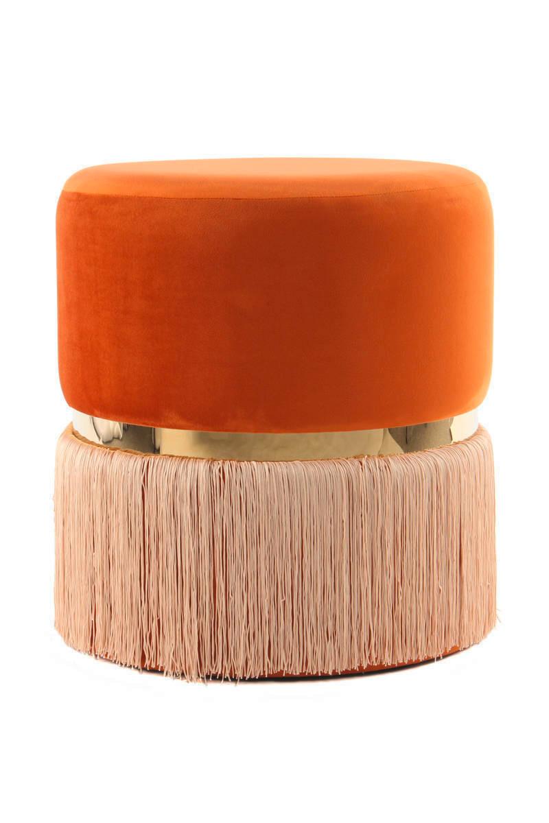 Hocker Pouf Samt/Edelstahl Orange/Golden H: 44,5 cm
