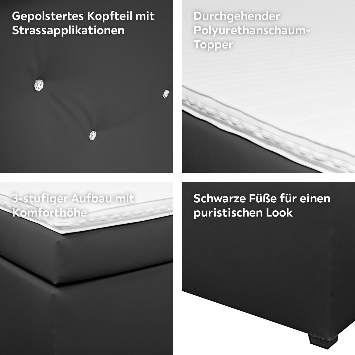 Boxspringbett Mit Topper, Lederlook 180x200cm Luminosa - Schwarz, MODERN, Textil (180/200cm)