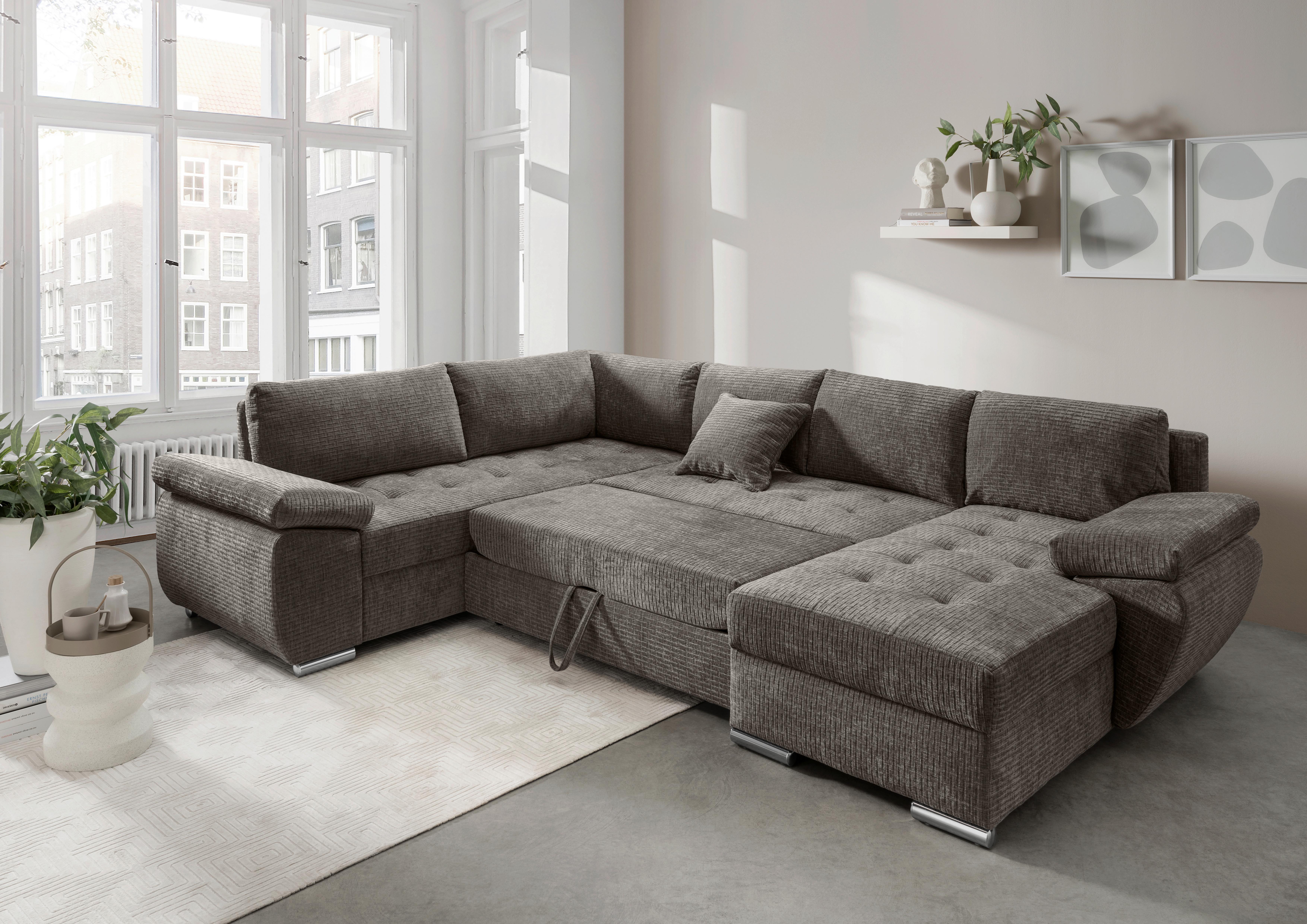 Wohnlandschaft Terana Graubr. Mit Schlaffunktion, Mikrofaser - Chromfarben/Graubraun, KONVENTIONELL, Textil (219/305/157cm) - Livetastic