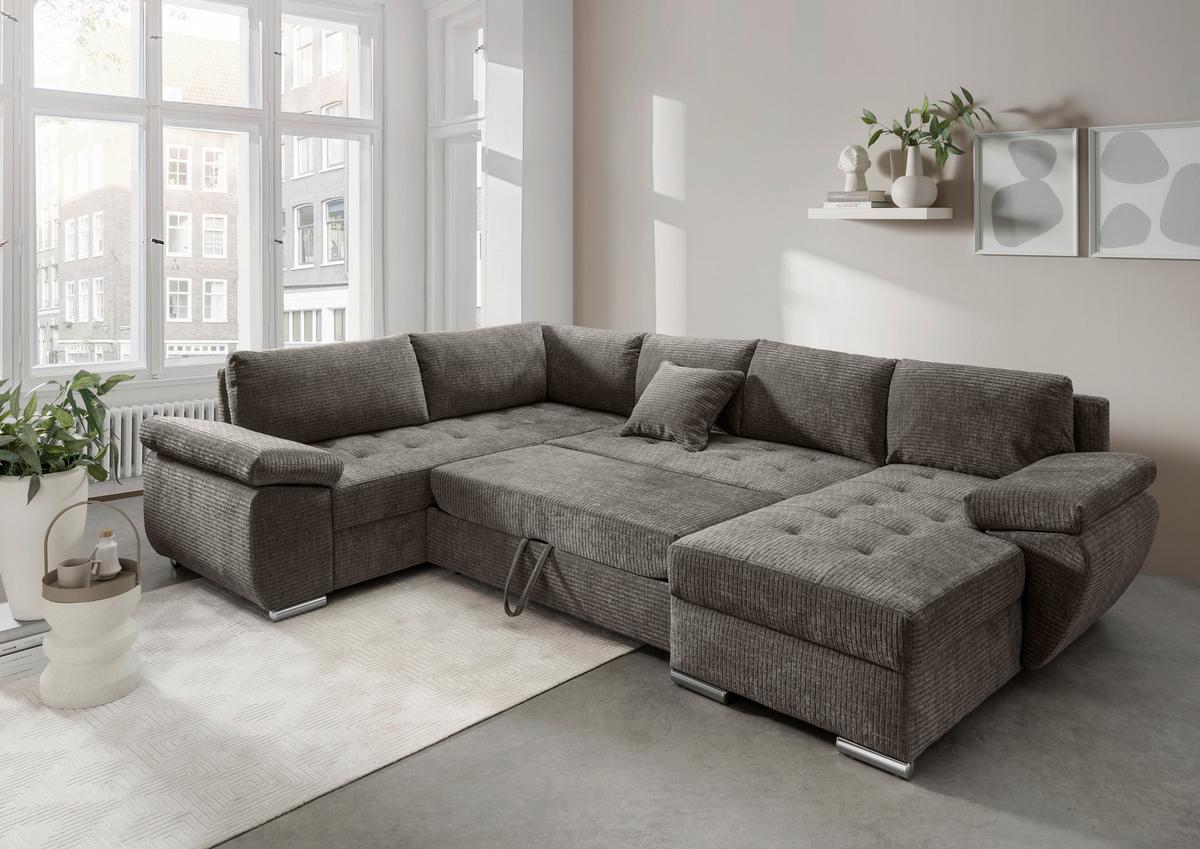 Wohnlandschaft Terana Graubr. mit Schlaffunktion, Mikrofaser - Chromfarben/Graubraun, KONVENTIONELL, Textil (219/305/157cm) - Livetastic