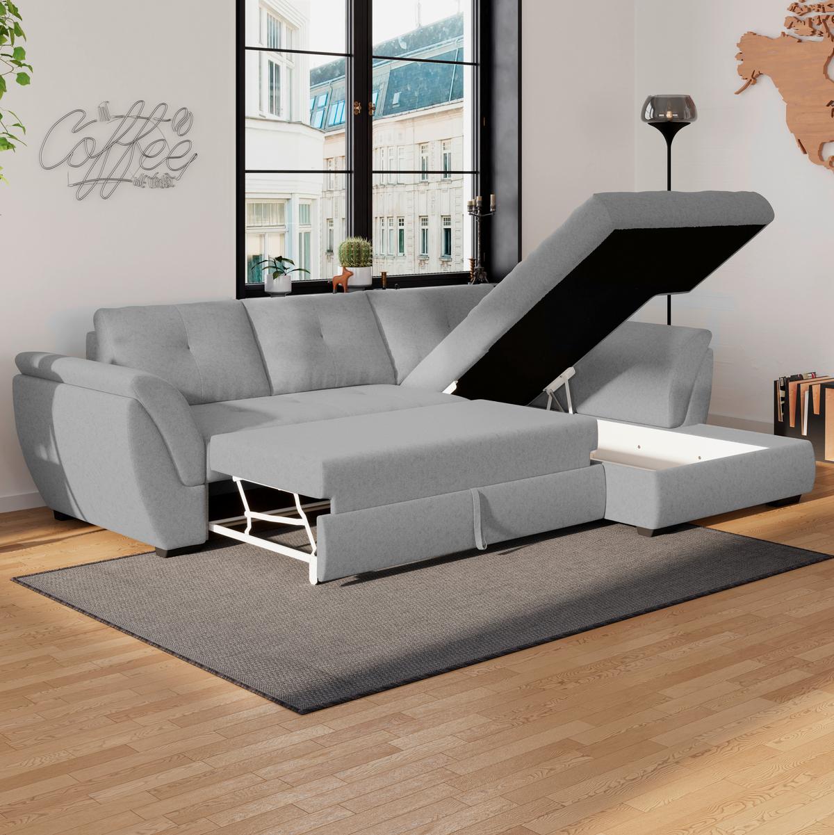 Ecksofa mit Schlaffunktion Berisso, Webstoff - Schwarz/Grau, Design, Textil (278/187cm) - Ondega
