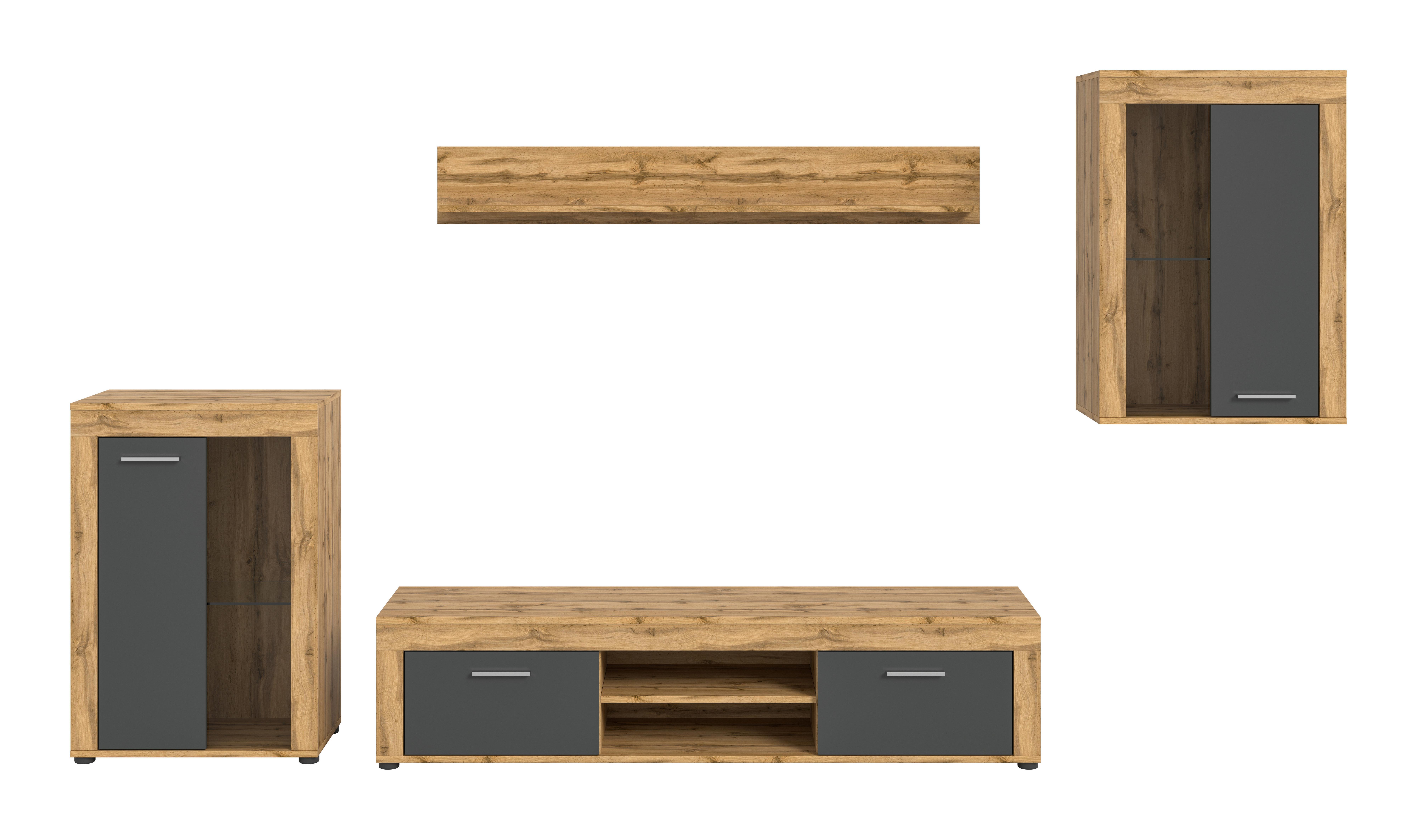 Wohnwand Jam Eiche Wotan Dekor B: 310cm - Eiche Wotan/Schwarz, Design, Glas/Holzwerkstoff (310/169/35cm) - MID.YOU
