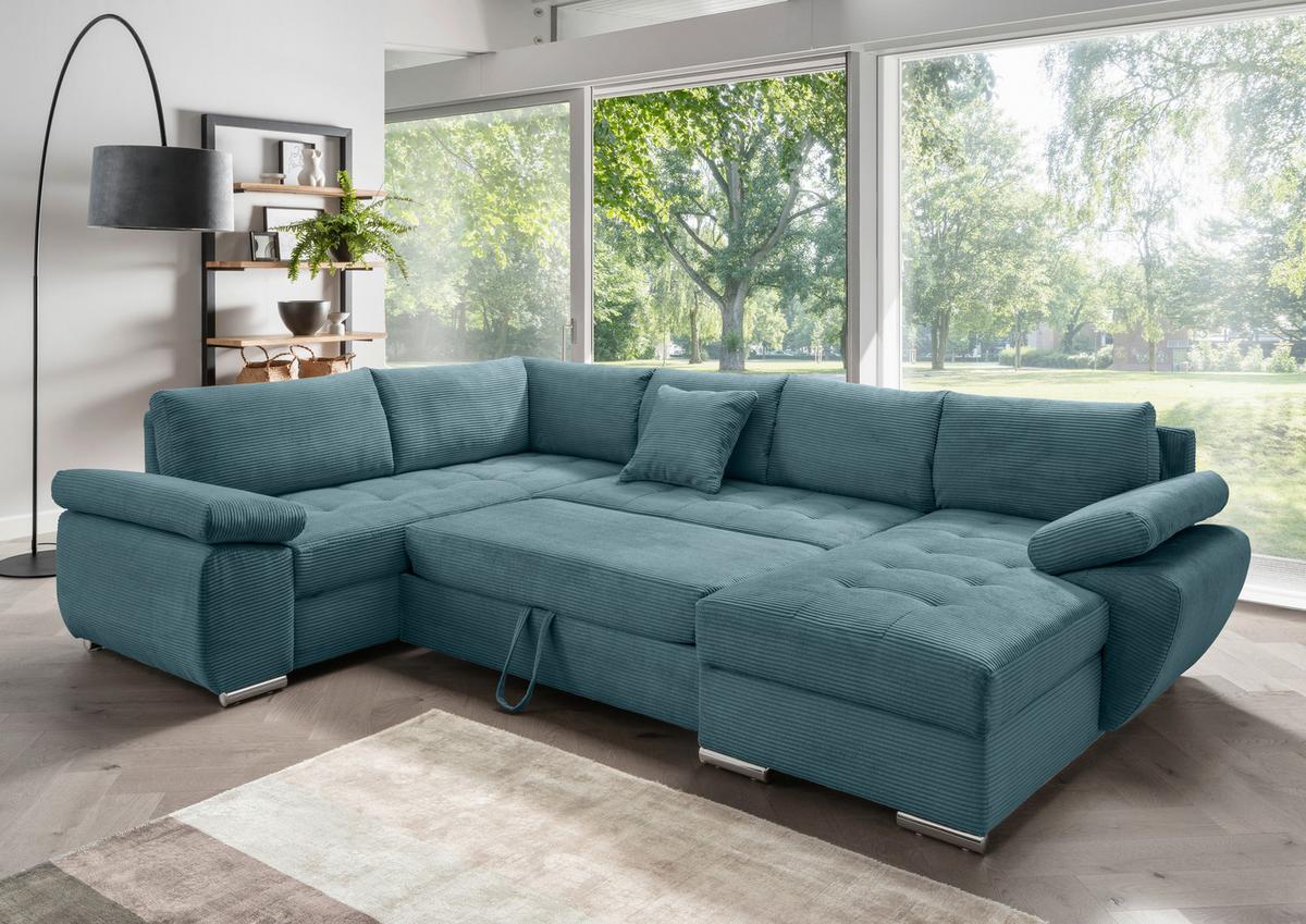 Wohnlandschaft Terana mit Schlaffunktion, Petrol - Chromfarben/Petrol, KONVENTIONELL, Textil (219/305/157cm) - Livetastic