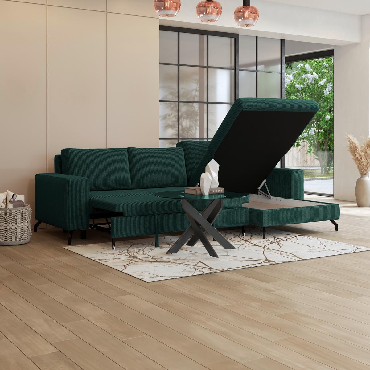 Ecksofa mit Bettkasten Cloud Waldgrün Cord 290x178 cm - Waldgrün, Trend, Textil (290/178cm)