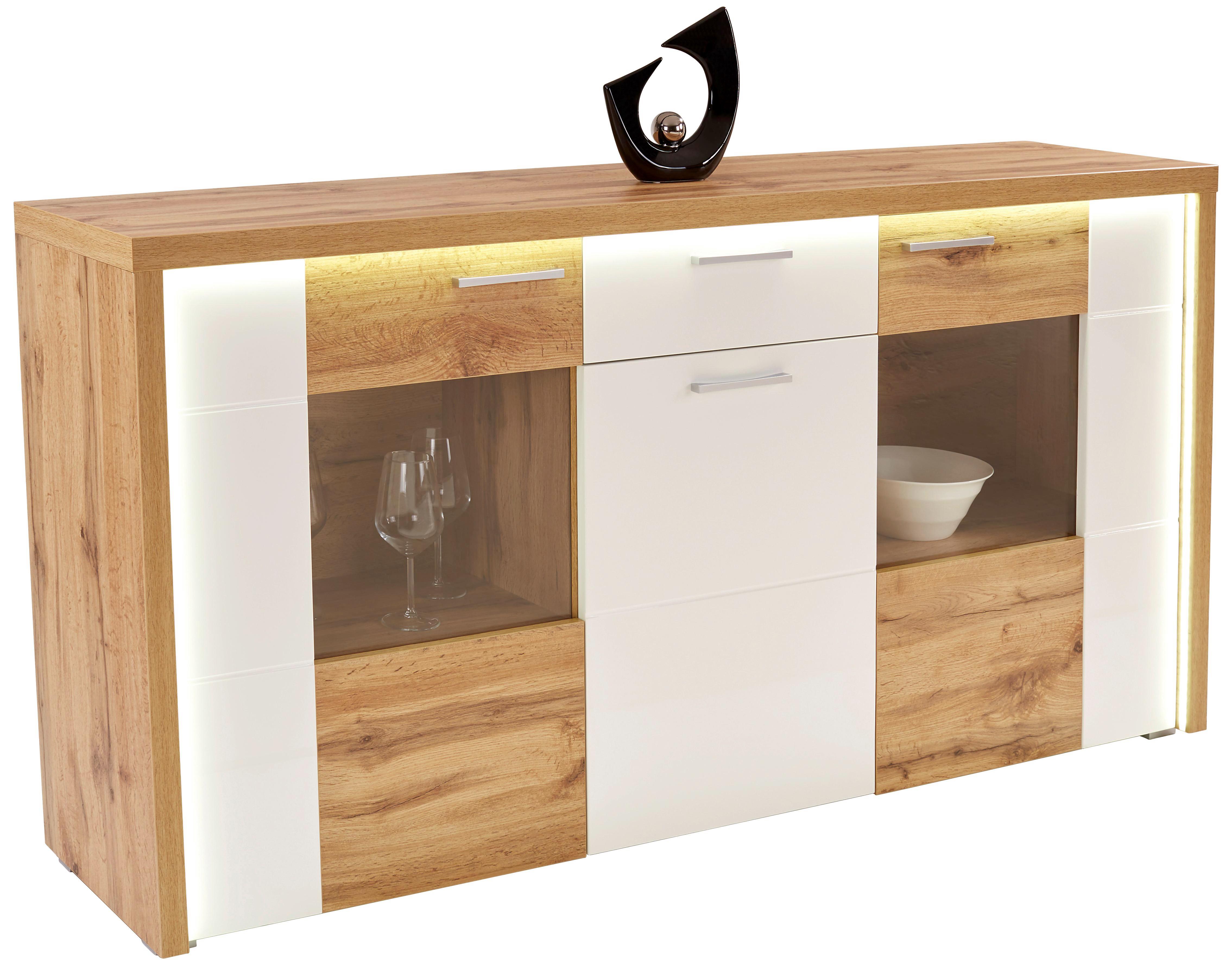 Sideboard Eleganza B:180cm Wotan Eiche Dekor/ Weiß - Eichefarben/Alufarben, MODERN, Glas/Holzwerkstoff (179,9/87.3/38cm)