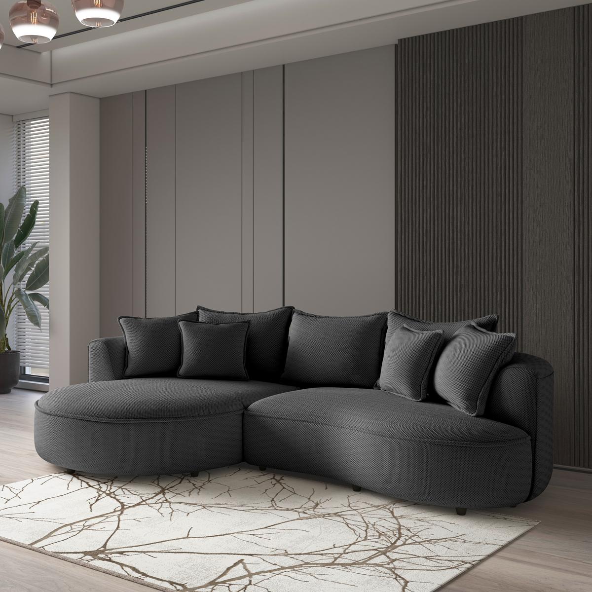 Rohová sedačka LEVI, levá, antracitová, se 7 polštáři - černá/antracitová, Moderní, textil/plast (168/287cm)