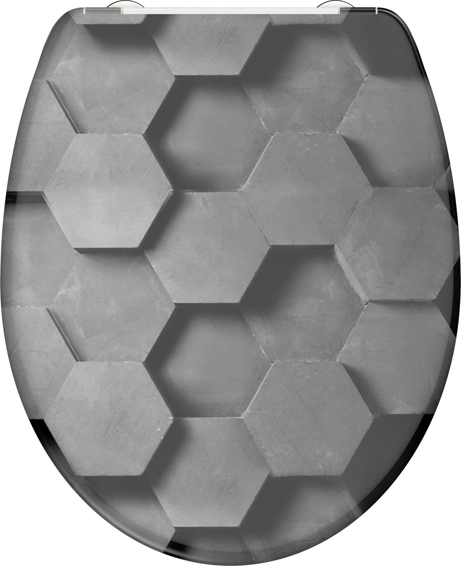 WC-Sitz Grau Hexagonmuster mit Absenkautomatik B: 38 cm - Schwarz/Weiß, KONVENTIONELL, Kunststoff (38/5,5/45cm)