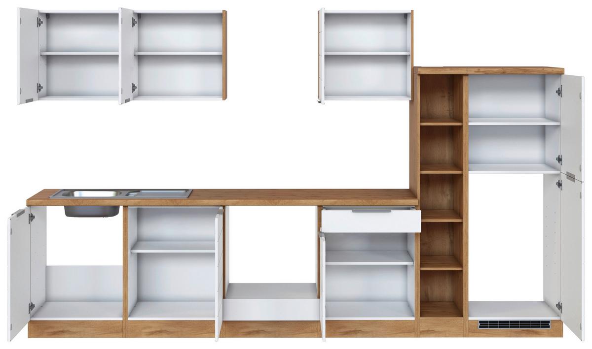 Küchenzeile Florenz ohne Geräte 330 cm Weiß/Eichefarben - Eiche Wotan/Weiß, Design, Holzwerkstoff (330cm) - Held