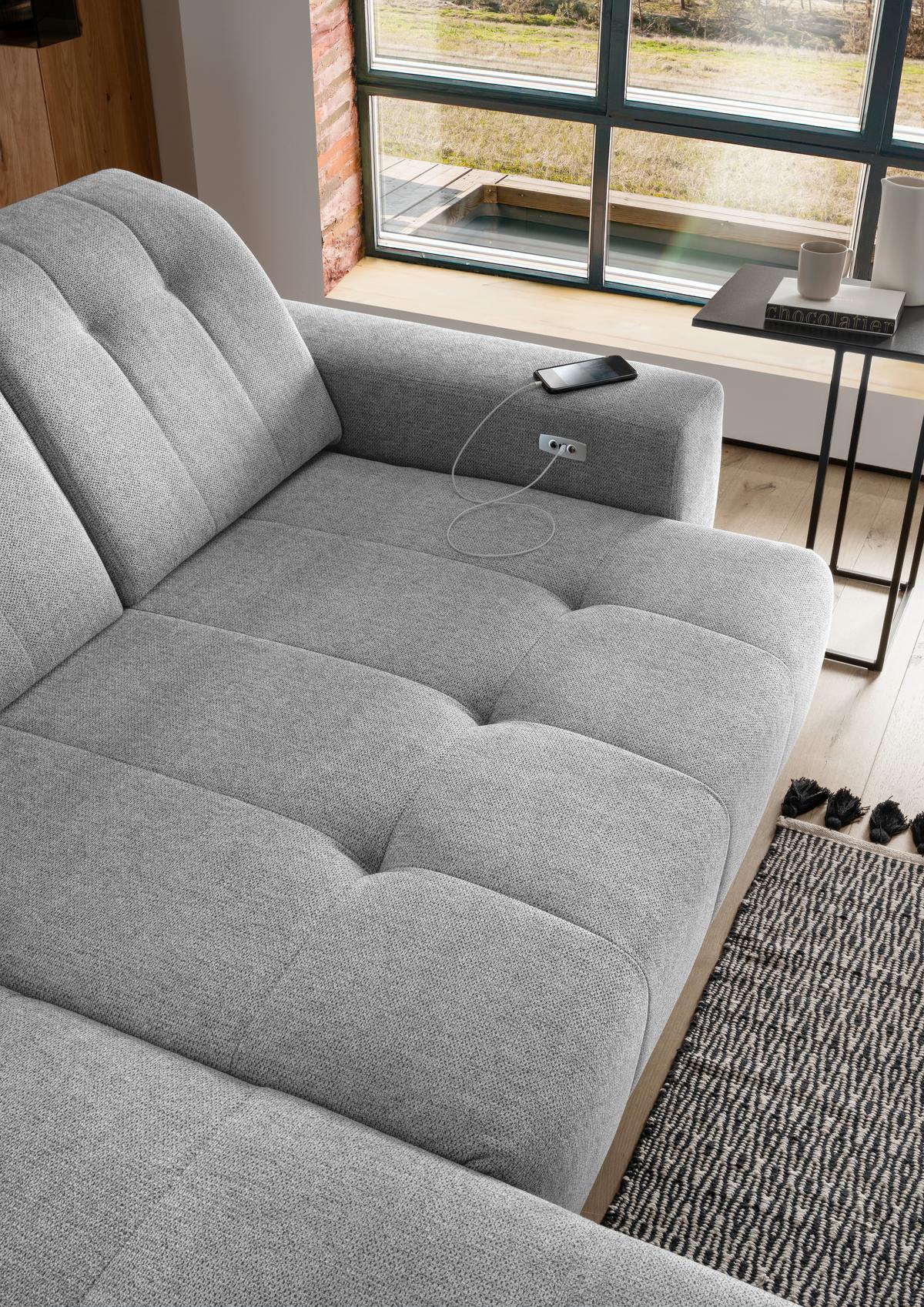 Ecksofa mit USB Anschluss Sano,silberfarben,s:180x258 cm - Silberfarben/Schwarz, MODERN, Textil (180/258cm) - Livetastic